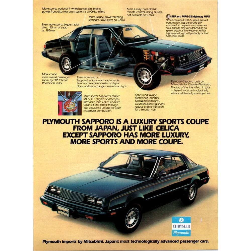 1980 Plymouth Sapporo Luxury Sports Coupe Vintage Print Ad FWD Cutaway Wall Art